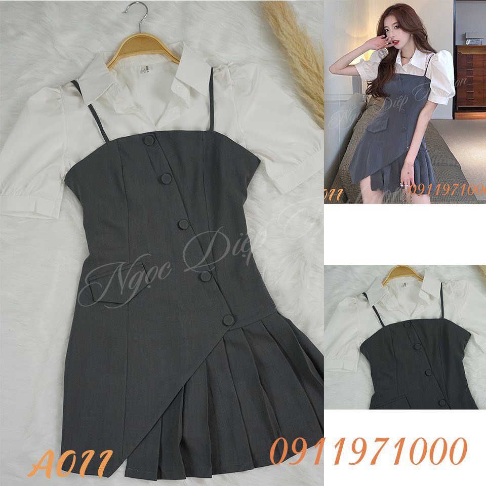 Set áo sơ mi kèm váy 2 dây xám, set thời trang công sở -Ngọc Diệp Fashion Shop