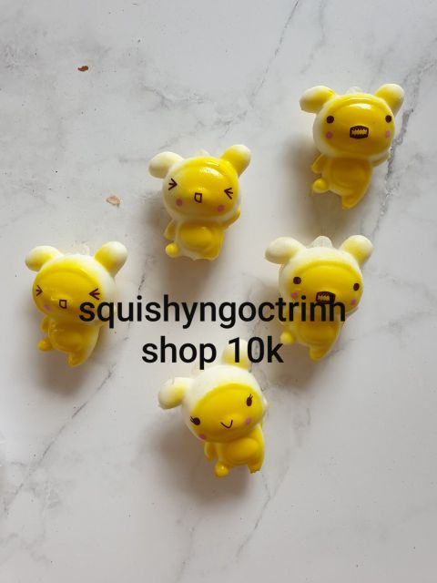 Squishy mini sừng bò + má hồng + gấu vàng + dầu mèo