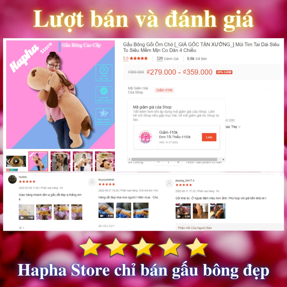 Gấu Bông Gối Ôm Chó Mũi Tim Tai Dài Siêu To Siêu Mềm Mịn Co Dãn 4 Chiều