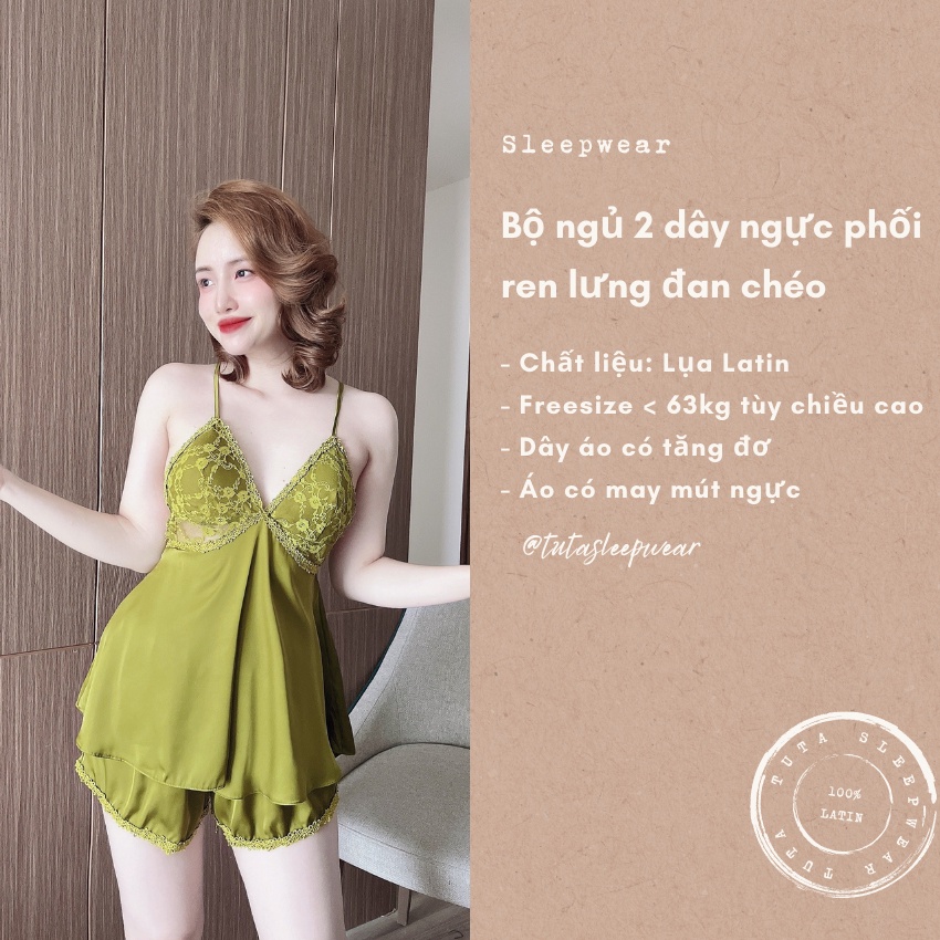 Bộ ngủ 2 dây sexy phối ren lưng đan chéo TUTA đồ bộ mặc nhà gợi cảm - dn044