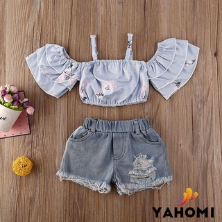Set áo trễ vai kẻ sọc + quần short jean cho bé gái