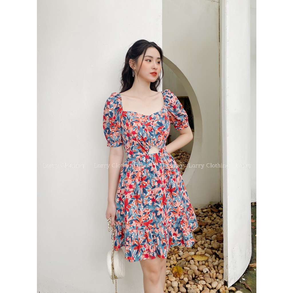 Đầm thiết kế nữ váy ngắn cổ vuông tay bồng chiết eo chất thô hoa Hàn Quốc thời trang thiết kế Larry Clothing V624