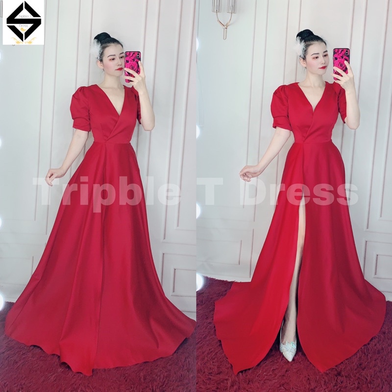 Đầm maxi cổ V đắp chéo tay phồng xẻ đùi có quần trong TRIPBLE T DRESS - MS183Y