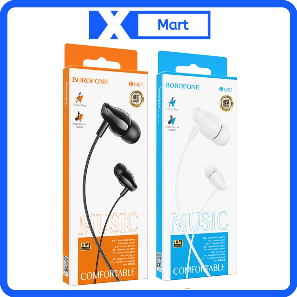 Tai nghe nhét tai BOROFONE BM61 chính hãng - Tai nghe có dây có mic đàm thoại, dài 1,2m, kết nối cổng 3.5mm