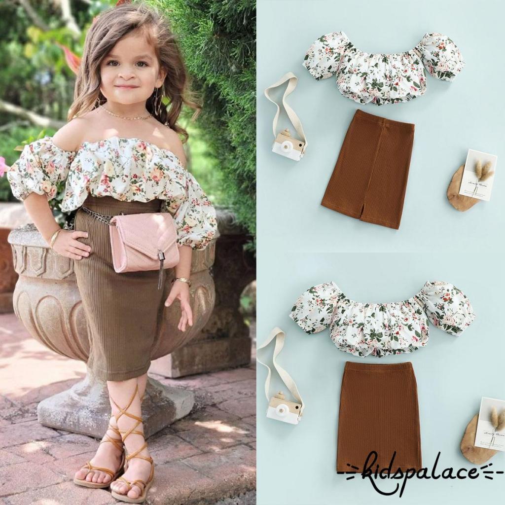 Set Áo Trễ Vai Tay Ngắn + Chân Váy Midi Họa Tiết Hoa Xinh Xắn Cho Bé Gái 1-6 Tuổi