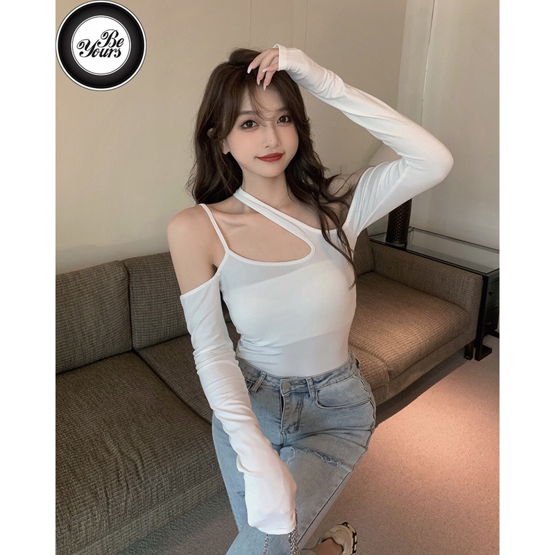 Áo Croptop 2 Dây Hở Vai 1 Bên Bigsize Dài Tay May Hai Lớp Chất Borib 2 Chiều Co Dãn "QUÂY XÉO TD"