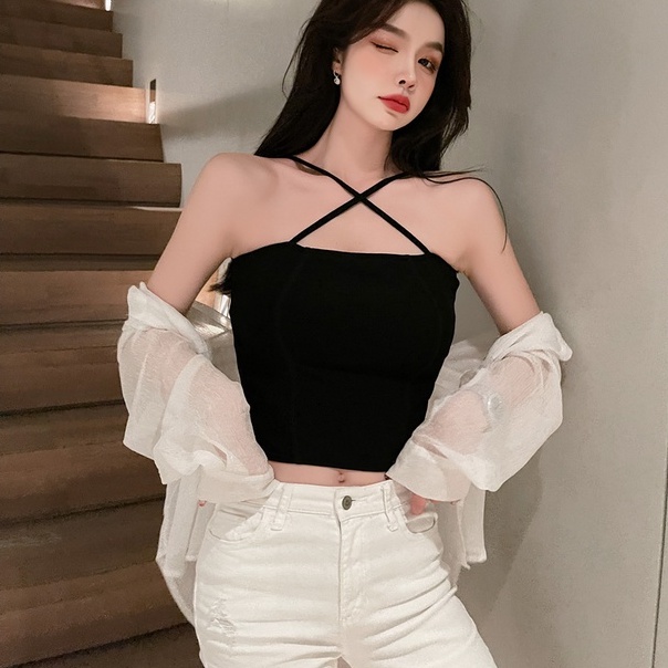 【ZHELIHANGFEI】 / Áo Không Tay Ngắn Vạt Chéo Không Đều