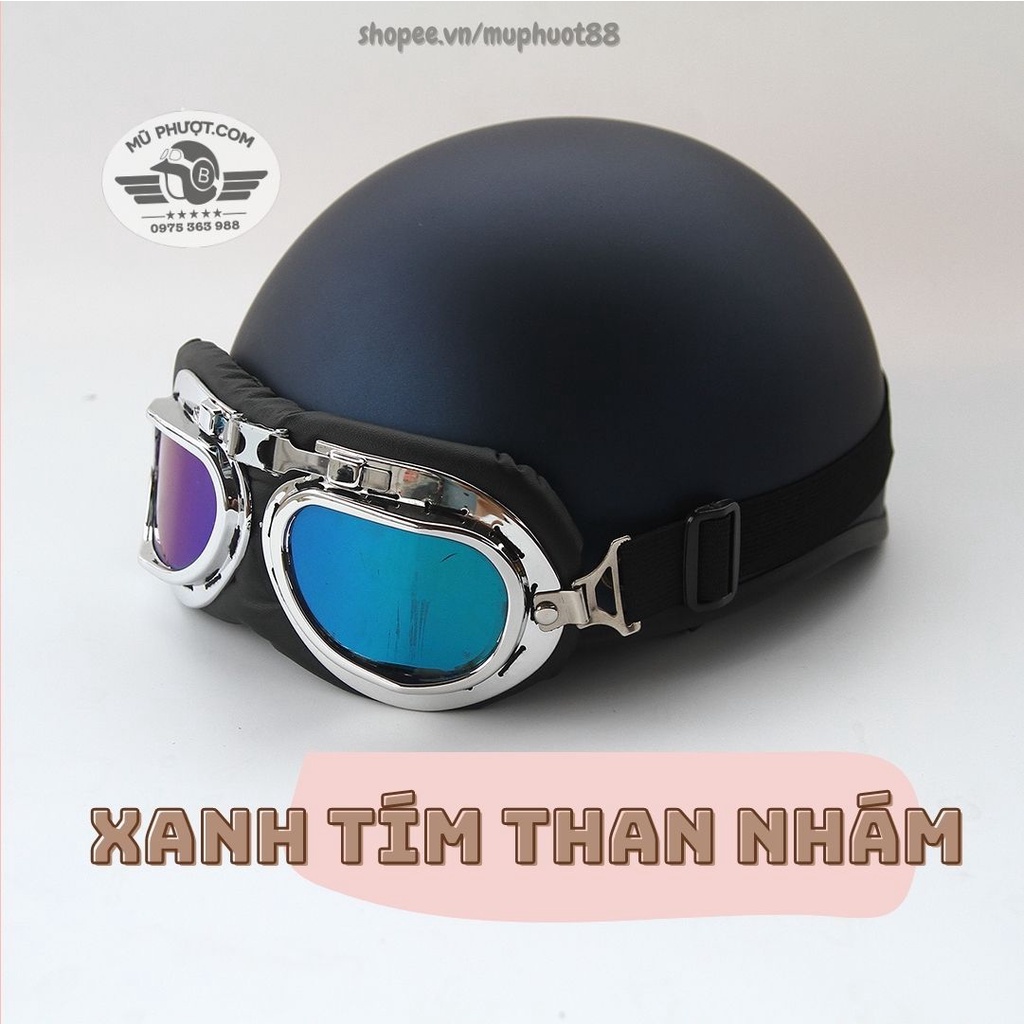 Mũ bảo hiểm nửa đầu có kính phi công, kính uv cute nhiều màu tem siêu hot nón bảo hiểm phượt 1/2 xanh tím than