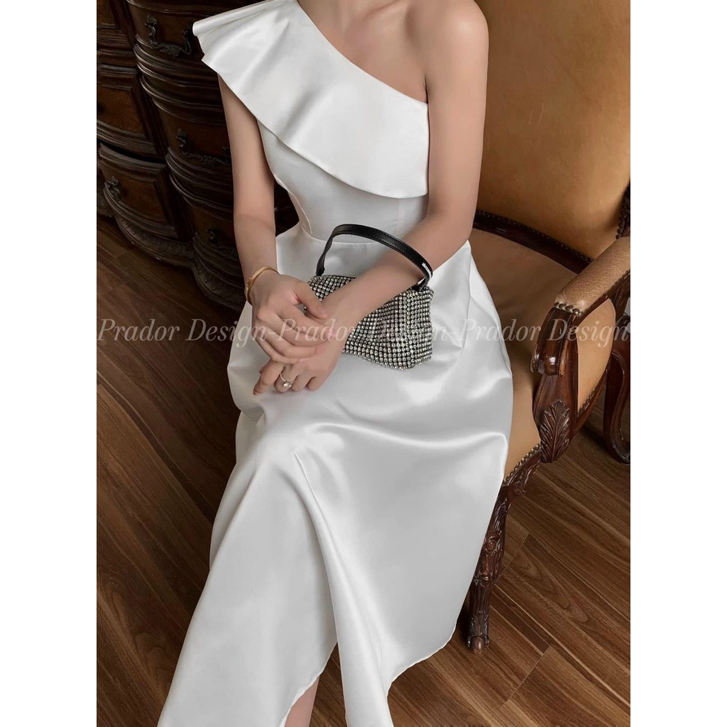 [HCM] Đầm Xòe Lệch 1 Bên Vai Chất Liệu Bóng Lụa Thời Trang Nữ Sam Closet Free Size 40-55kg