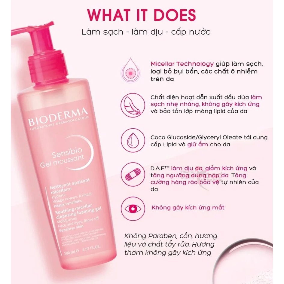 Bioderma Gel Rửa Mặt Tạo Bọt Cho Da Nhạy Cảm Bioderma Sensibio Gel Moussant 200ML