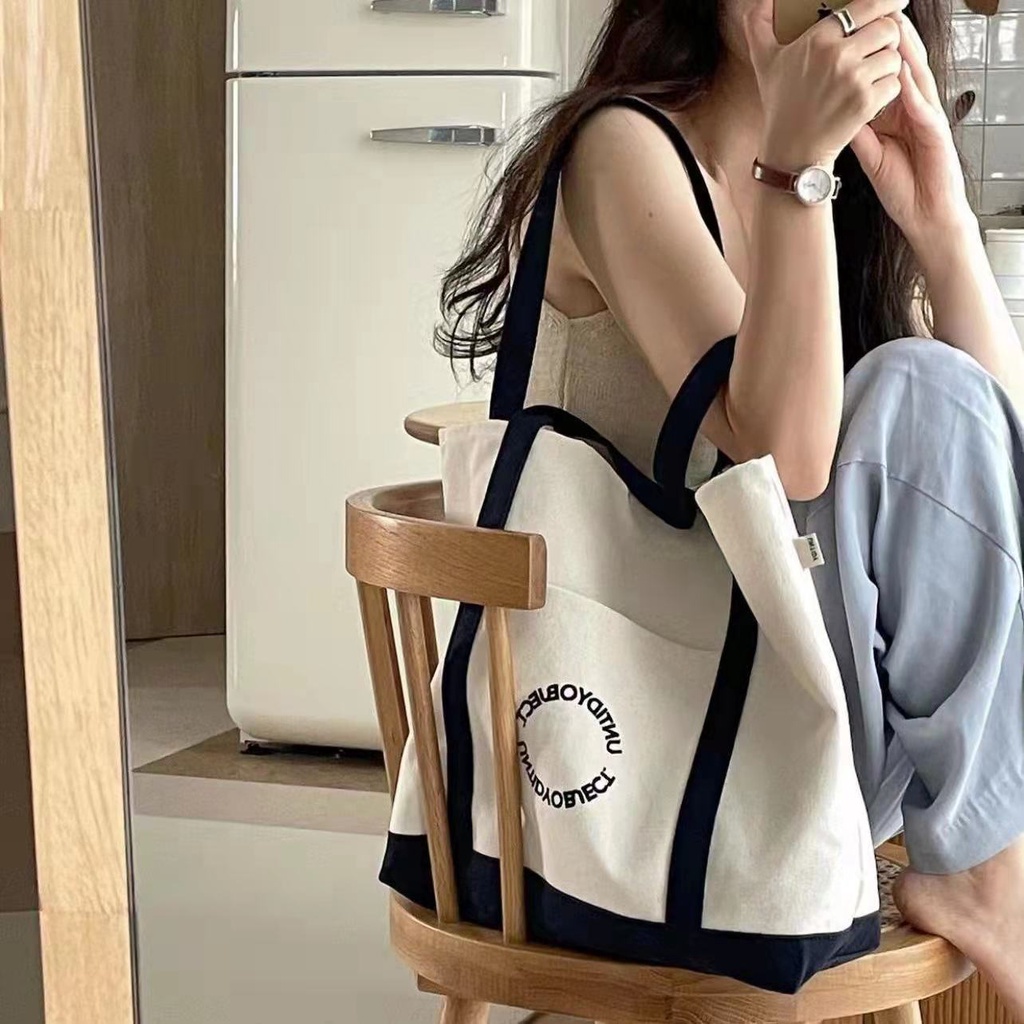 Niche Túi Tote Bằng Vải Canvas Sức Chứa Lớn Phong Cách Hàn Quốc Dễ Phối Đồ