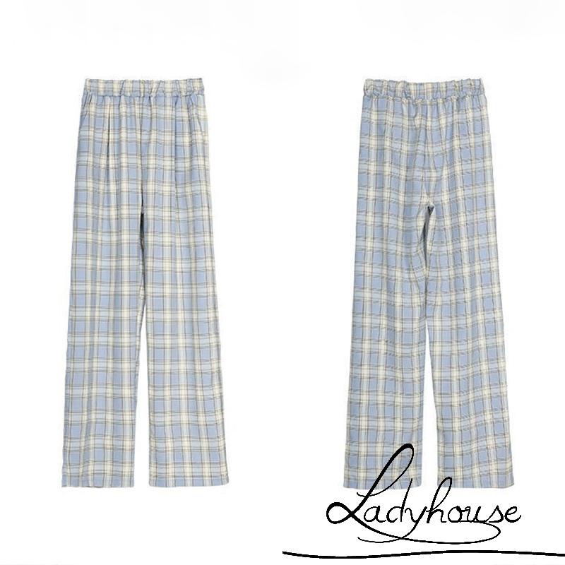 Quần Dài Ống Rộng Lưng Cao Họa Tiết Sọc Caro Thời Trang Cho Nữ