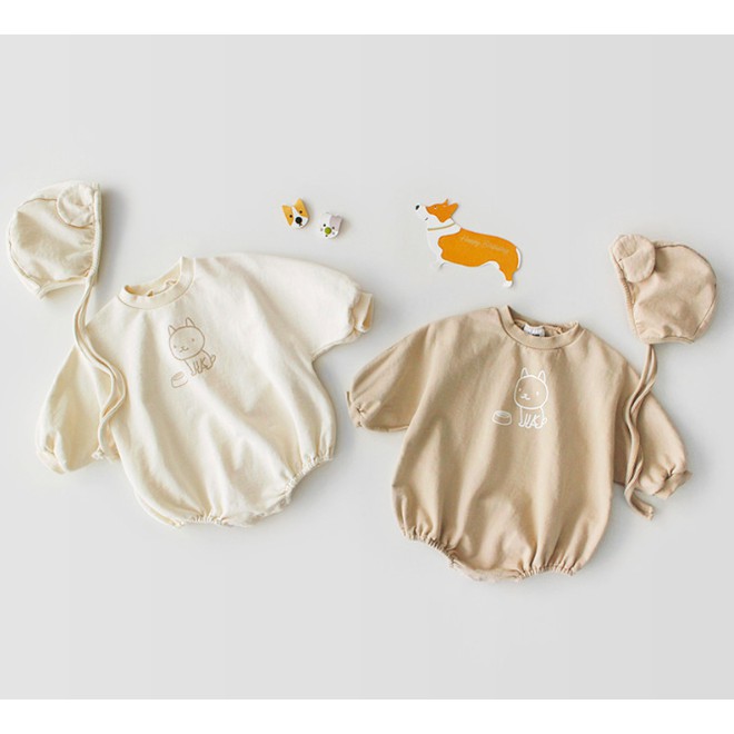 *Ảnh thật* Body cộc Gấu cotton kèm nón cho bé, không có vớ (Màu Be/Màu Kem)