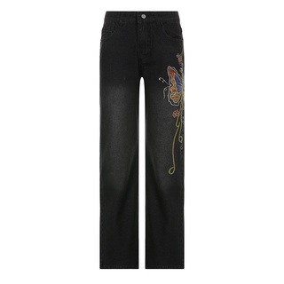 Quần ống loe denim cạp thấp thêu