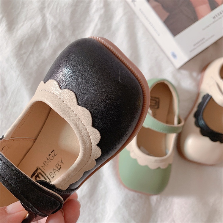 Giày búp bê bé gái phong cách vintage chất da PU mềm đẹp mũi phối viền xinh xắn Giày da cho bé Búp bê trẻ em bé gái