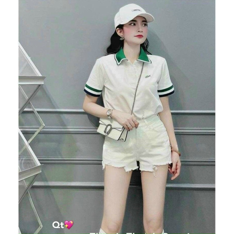 Áo polo nữ cổ xanh chất cotton mát mẻ, thêu logo cá sấu Cao Cấp