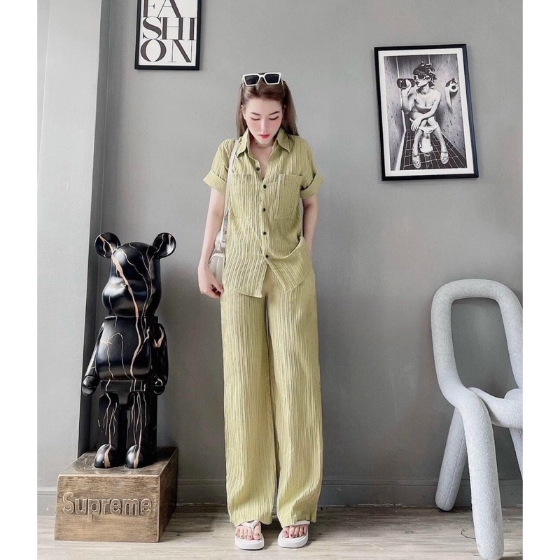 [HÀNG QUẢNG CHÂU LOẠI 1]Set Bộ Đồ Nữ Áo Sơ Mi Đũi Gân Ngắn Tay Mix Quần Culottes Ống Rộng Cạp Chun Freesize Form Rộng
