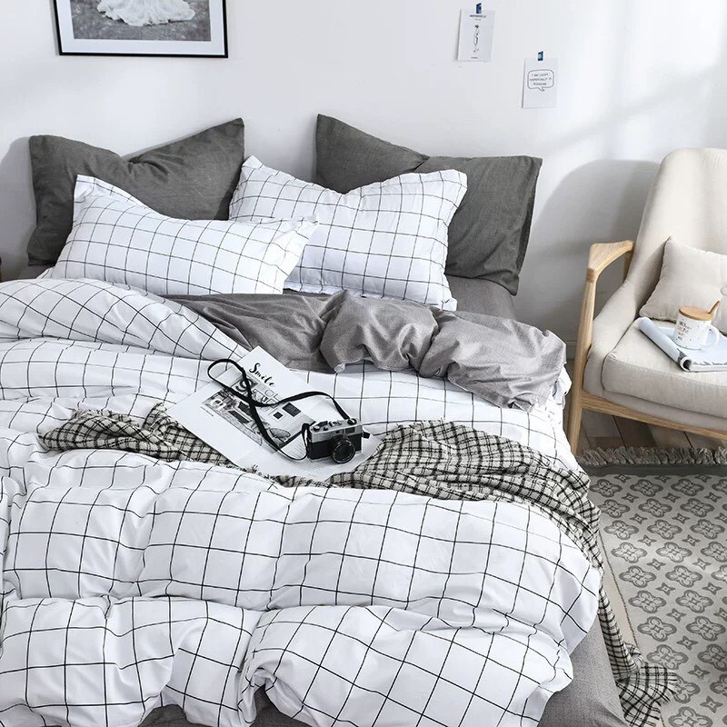 BỘ CHĂN GA GỐI COTTON POLY( CHĂN ĐÃ TRẦN BÔNG) HỌA TIẾT CARO TRẮNG- ĐỦ KÍCH THƯỚC