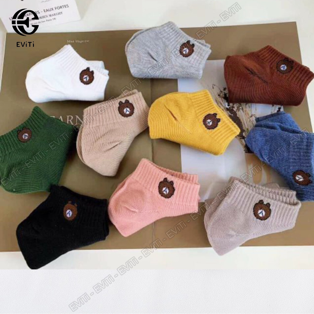 Combo 10 đôi tất cổ ngắn họa tiết gấu Brown - có kèm túi đựng . Set 10đ tất gấu nhiều màu sắc