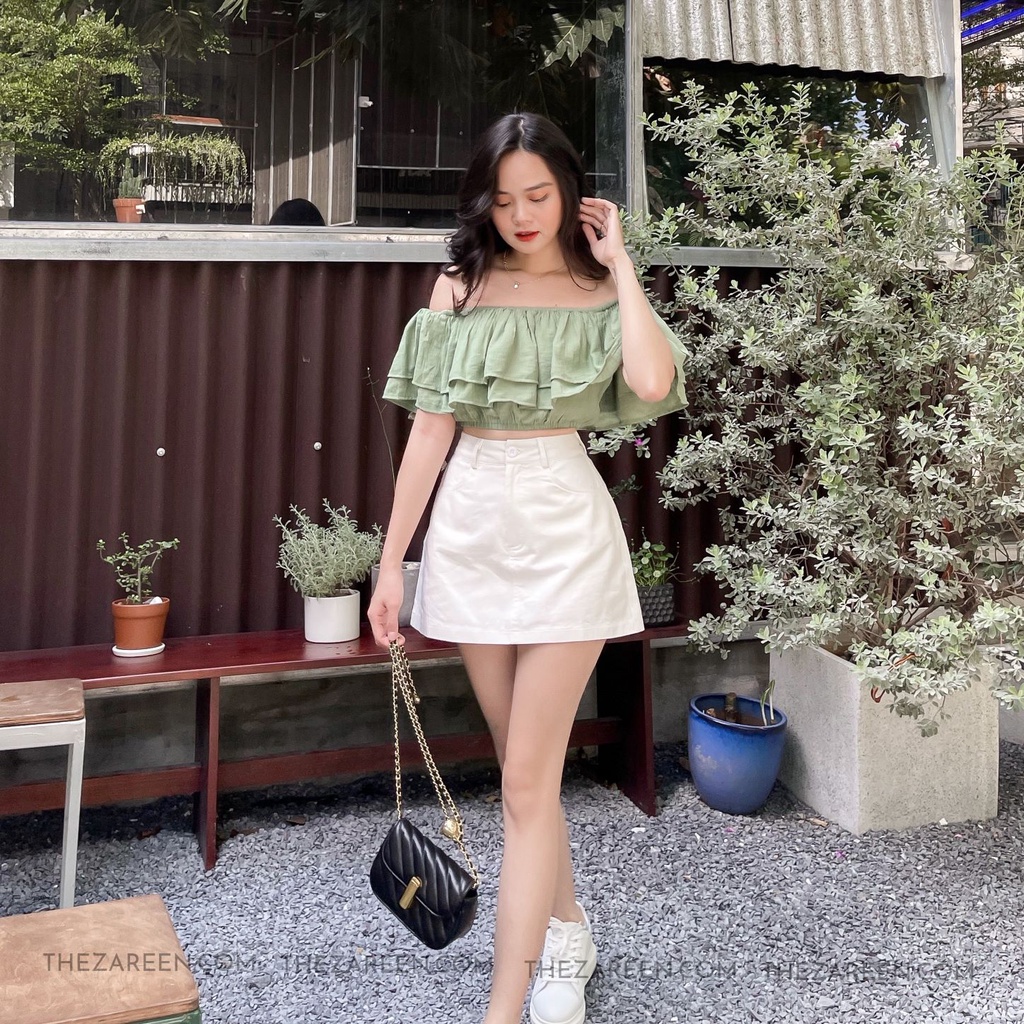 ÁO CROPTOP TRỄ VAI 2 TẦNG ZAREEN VOA78 XANH LÁ