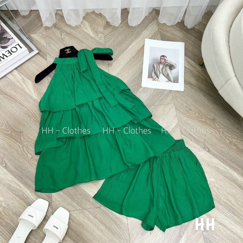 Bộ cộc đùi áo tầng cổ yếm buộc nơ vải đũi tơ
