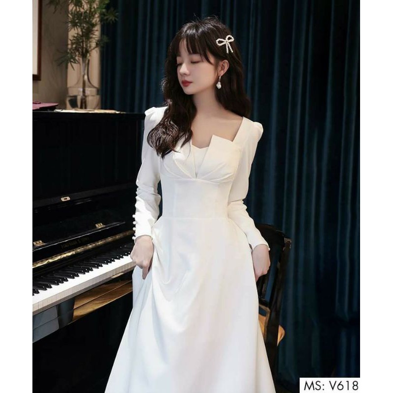 Đầm xòe tay dài xếp ly ngực July Dress