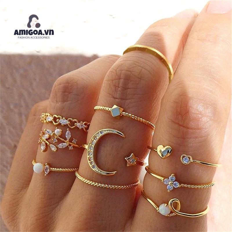 ✨✨set10 Nhẫn Đeo Tay Kim Loại Đính Đá Thời Trang Cho Nữ