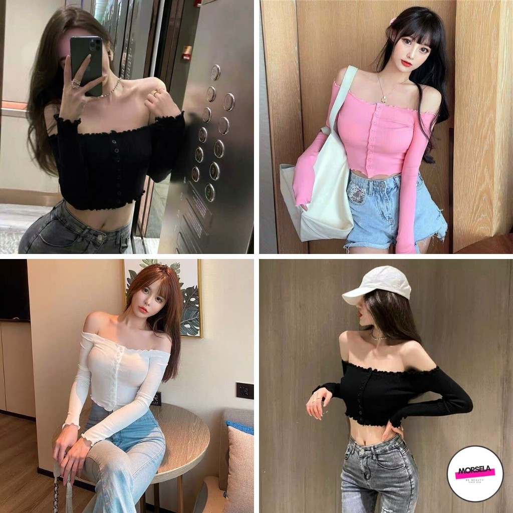 Áo croptop nữ bẹt vai dài tay chất thun gân cuốn biên siêu xinh - Áo crt nữ - Morsela