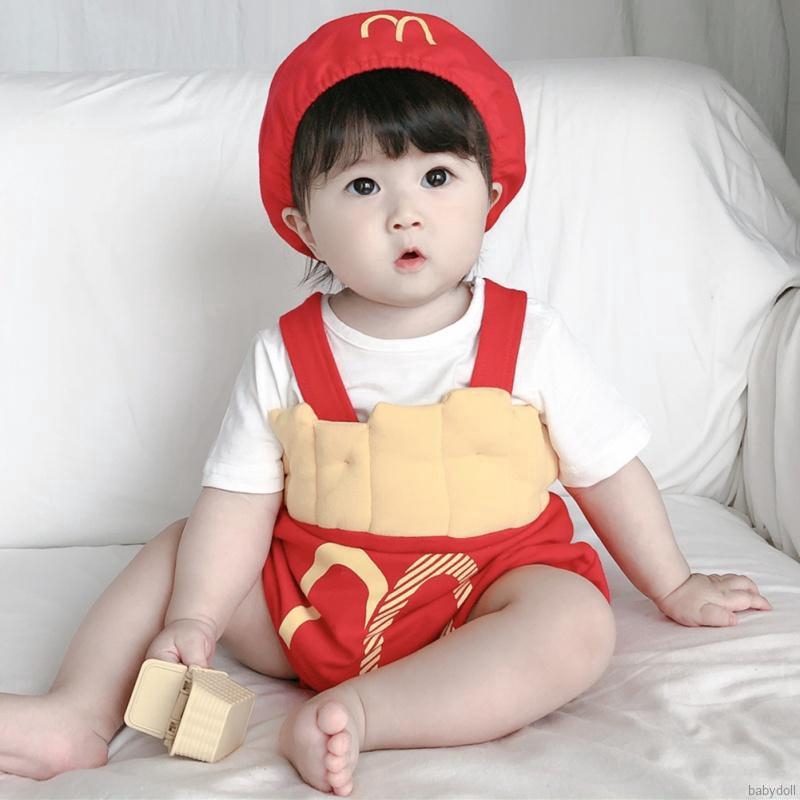 Baby Boys Girl Cute Sleeveless French Fries Covered Button Suspender Romper With Hat Baby Set