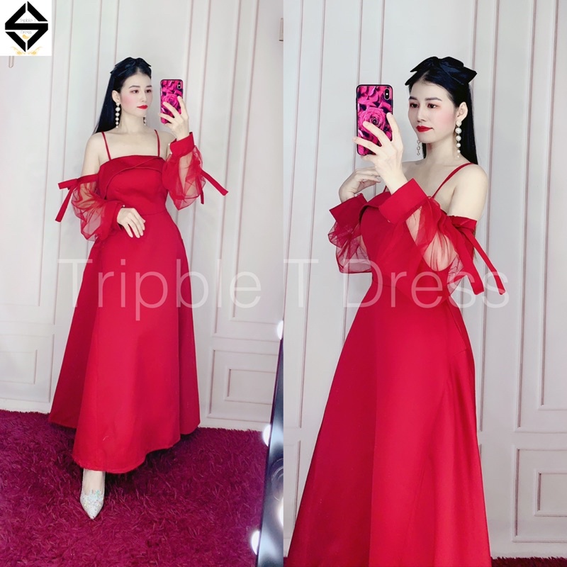Đầm xoè rớt vai hai dây phối tay lưới có nơ tay chất lụa taffeta TRIPBLE T DRESS - size M/L - MS354V