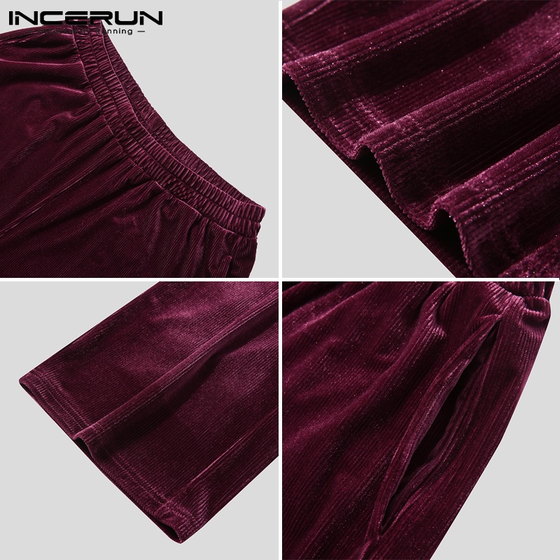 Quần dài INCERUN vải corduroy màu trơn dáng rộng thắt lưng co giãn phối xếp ly phong cách retro cho nam
