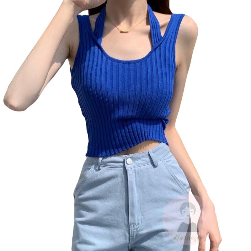 Dre- Áo Ba Lỗ Ôm Dáng Cổ Yếm Màu Trơn Mùa Hè Màu Xanh Lá / Xanh Hoàng Gia / Đen Cho Nữ