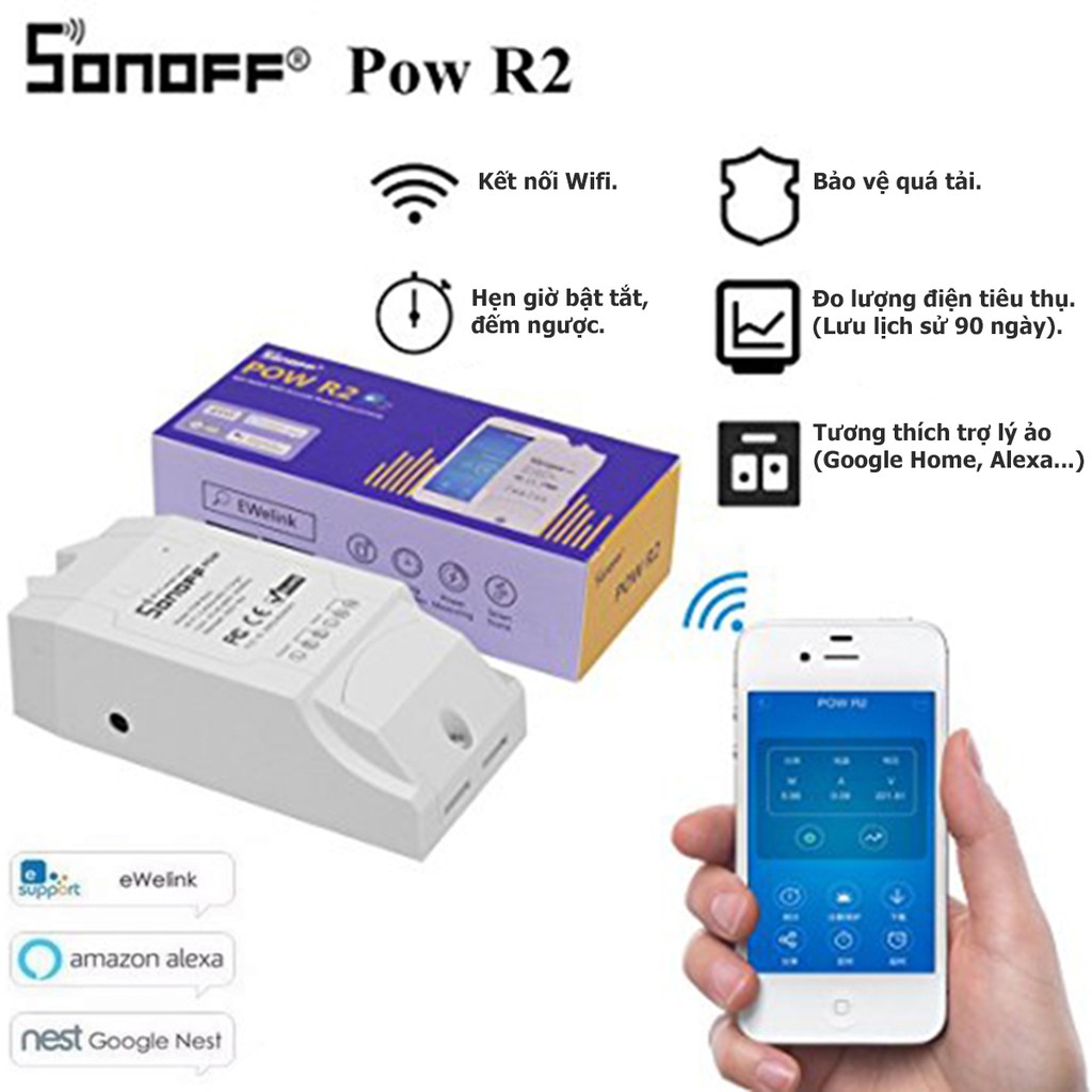 Công tắc thông minh Sonoff POW R2 điều khiển từ xa qua WIFI, internet.