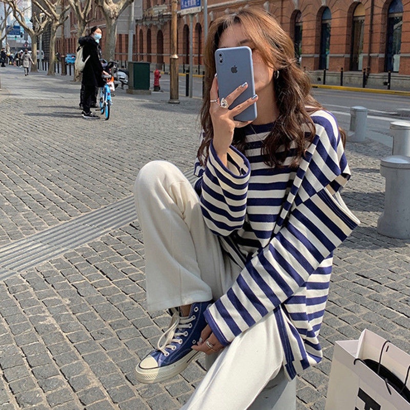 Jiashucheng Áo Thun Nữ Dài Tay Hở Vai Họa Tiết Sọc Ngang Phong Cách Mới