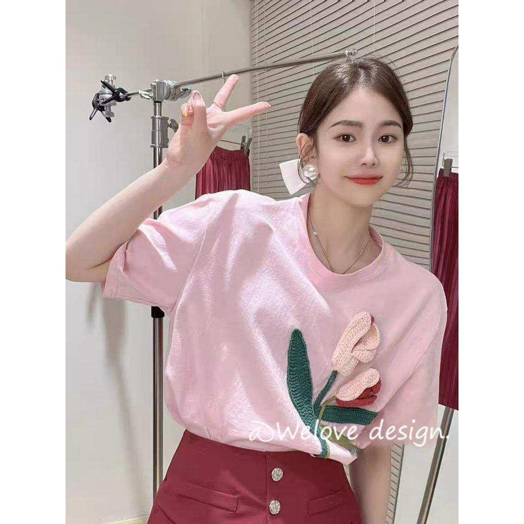 「 WELOVE1 」Áo Thun Nữ Dệt Kim Tay Ngắn Cổ Tròn Dáng Rộng Màu Hồng Thời Trang Mùa Hè Mới