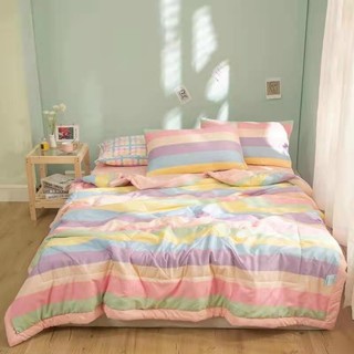 Bộ Chăn Ga Gối Cotton Đũi Kẻ Muji - Chăn Hè Chần Bông Mỏng Kích Thước 2mx2m3 Full Set 4 Món