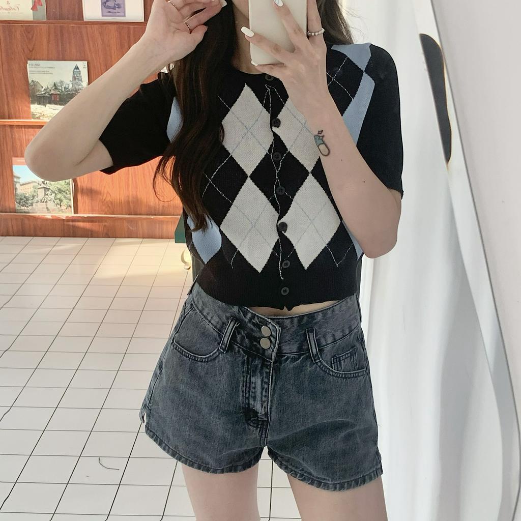 Áo lửng tay ngắn in họa tiết caro phong cách quyến rũ cho nữ