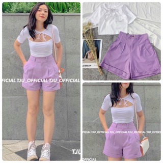Set áo khoét ngực quần short tím