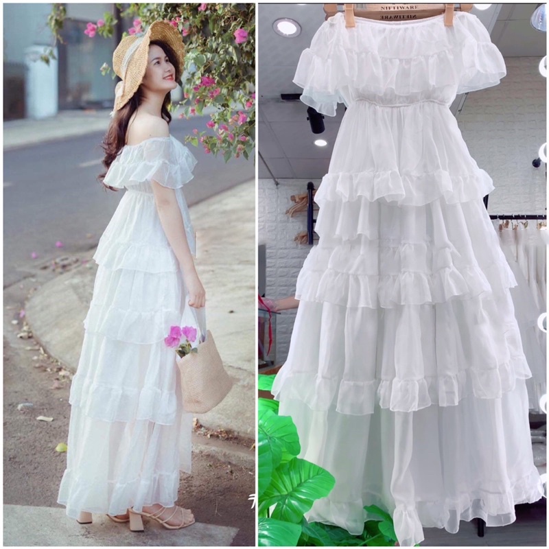 Đầm Trắng Công Chúa nhiều tầng ,hở vai 2 dây dáng xòe ,Váy Maxi thiết kế trễ vai sang trọng Vintage Tiểu Thư ,LAMASS