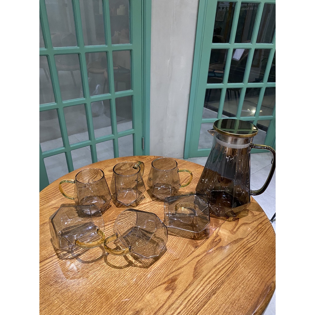 Set 6 Cốc + Bình Thuỷ Tinh Borosilicate Pha Lê Đen 🌸 Sang Trọng Tinh Tế 🌸