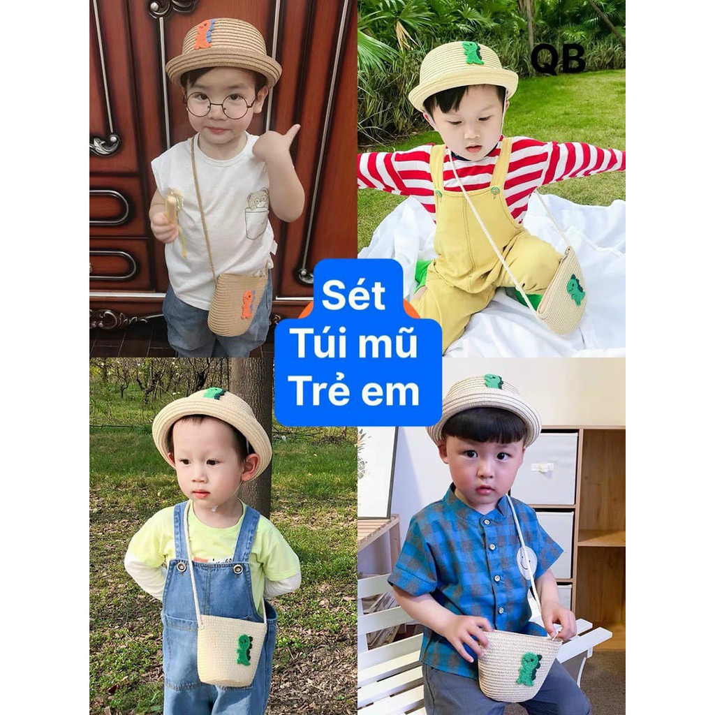 Set mũ túi cói gắn hình khủng long cho bé