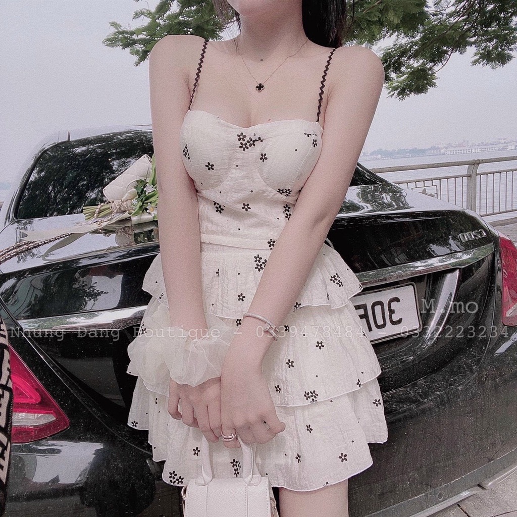 (Slaes freeship2022) Đầm Hoa Nhí Hai Dây Dáng Xoè Tầng, Váy Nữ Tiểu Thư Đi Tiệc Đơn Giản