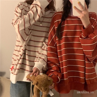 Áo thun tay dài dáng rộng họa tiết kẻ sọc ngang thời trang thu đông 2021 size lớn 2XL 110kg cho nữ