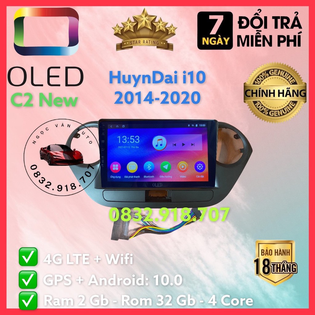 Màn Hình Android OLED C2 Theo Xe HUYNDAI i10 2014 - 2020, 9 inch kèm dưỡng và jack zin