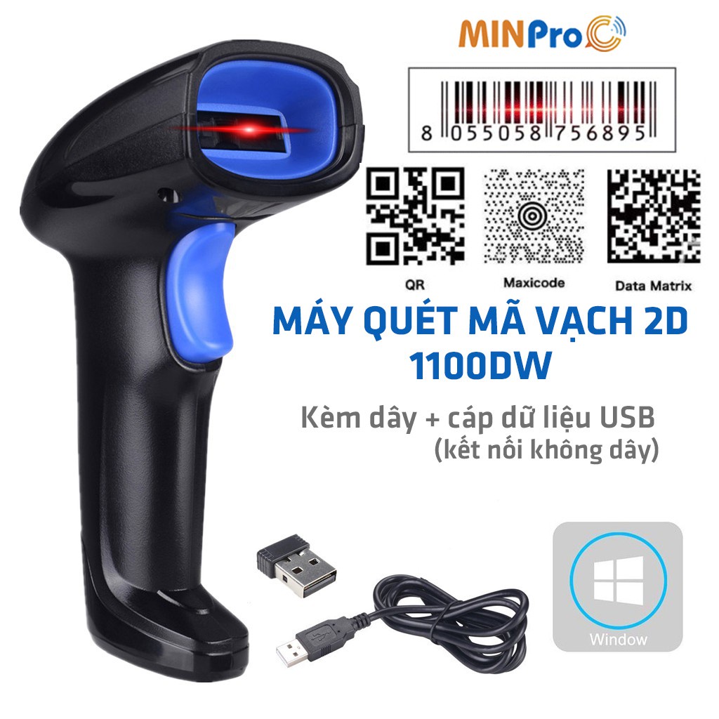 Máy quét mã vạch MINPRO không dây 2.4Ghz, quét mã vạch hàng hóa, công nghệ laser