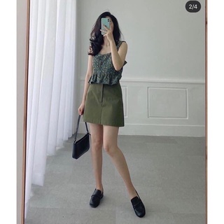 Set áo hoa lụa chân váy kaki màu xanh lá cực xinh
