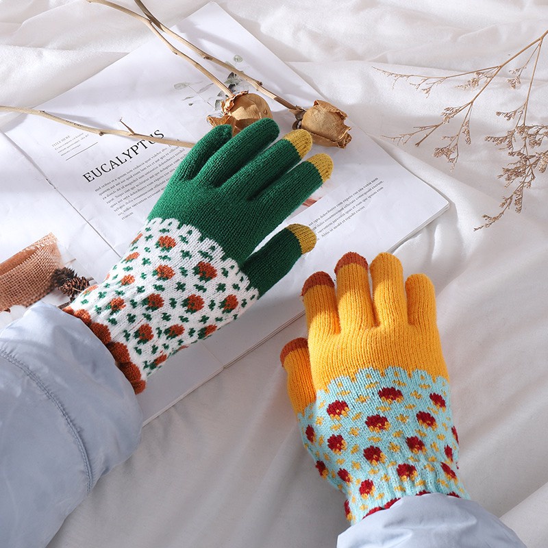 Găng tay len nữ BLUEHOPE mùa đông họa tiết thổ cẩm hai màu hoa văn dễ thương xinh xắn
