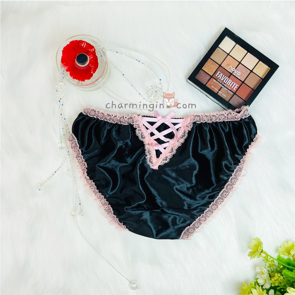 Quần lót satin viền ren đan dây sau sexy quyến rũ size M-L - QLST0020