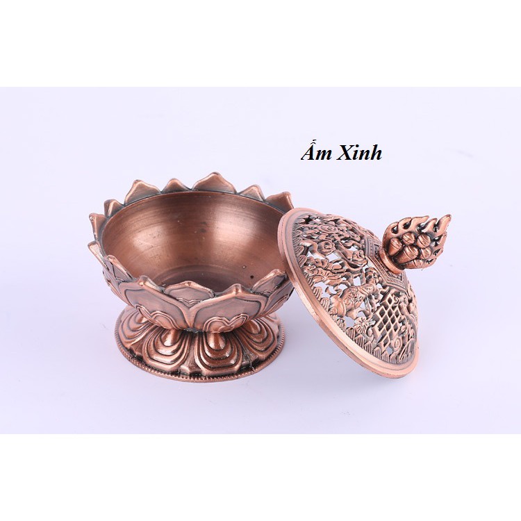 Lư hương bằng hợp kim đồng dáng bông sen dùng xông, đốt trầm hương