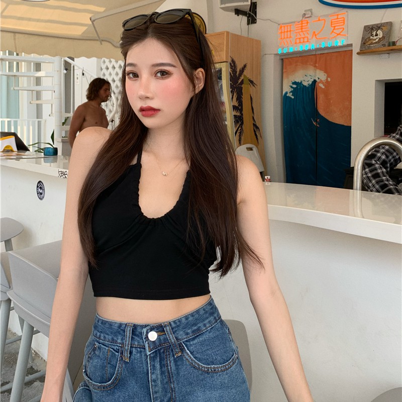 Cocory vn Áo Croptop Hai Dây Dáng Ôm Phối Dây Rút Quyến Rũ Dành Cho Nữ